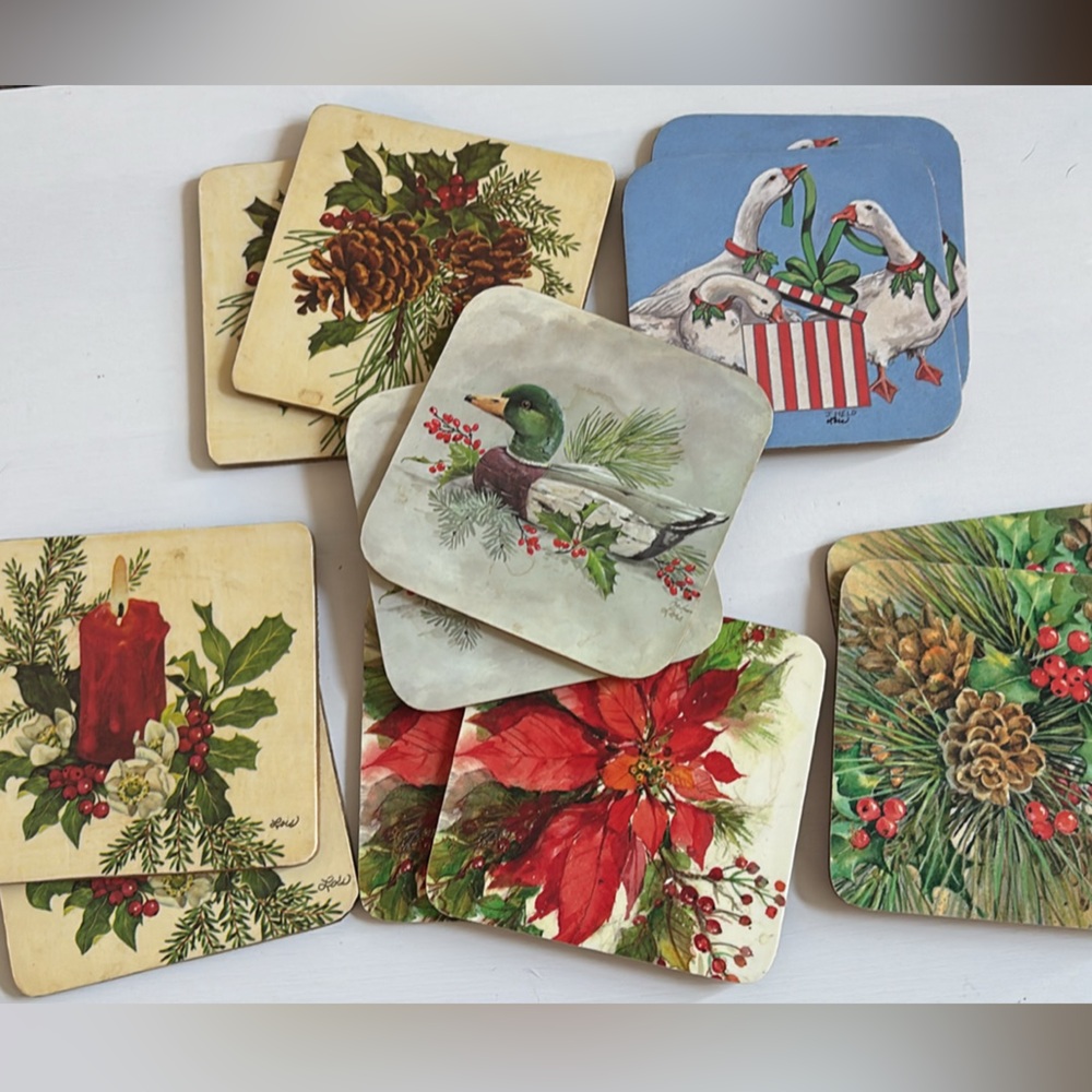 Vintage Holiday Coaster Set with Festive Designs